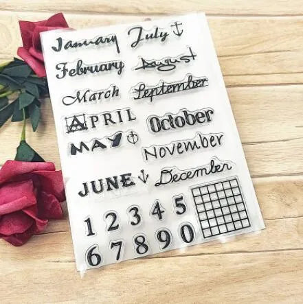 Vintage icon calendar rubber stamp made from clear silicone for craft projects.