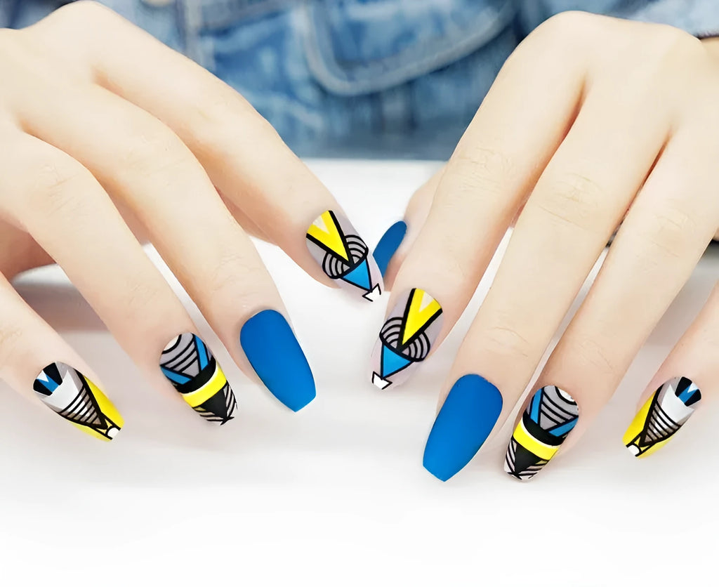 24 blue pointed colour-printed fake nails with 2g glue in a 14.5cm x 7.5cm x 2.2cm box