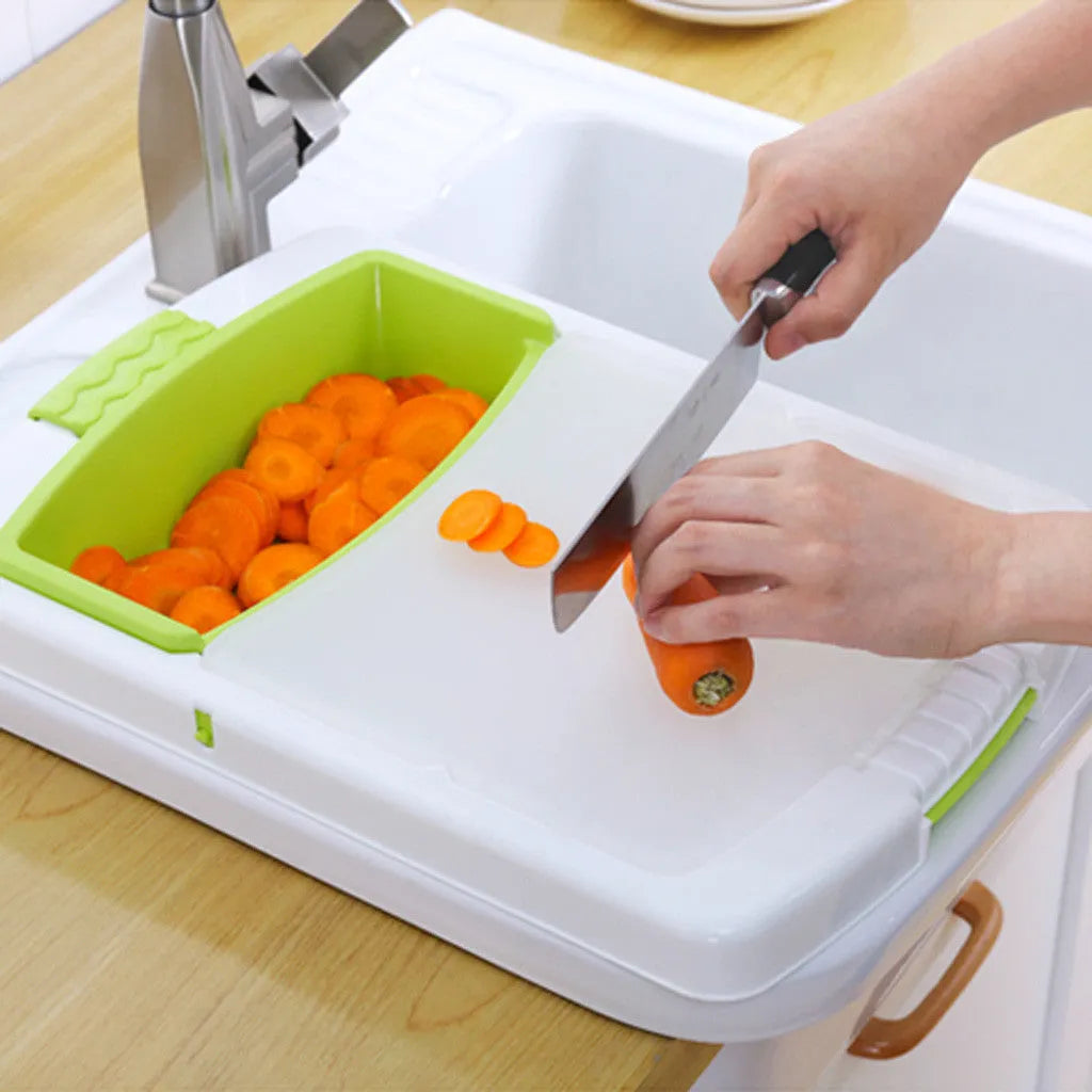 Multi-function kitchen drain cutting board in green, blue or grey, 48x8.7x25cm, with sink basket and storage trough.