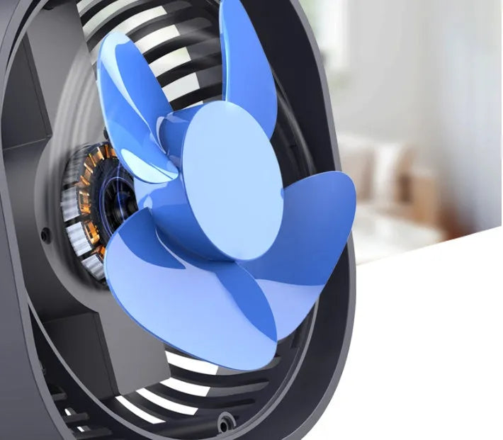 USB desk fan with rotating head in modern alarm clock design, showing colour options