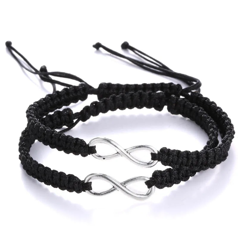 Pair of hand-woven adjustable couple bracelets in alloy electroplating weaving, 17-28cm, 8-character lucky design