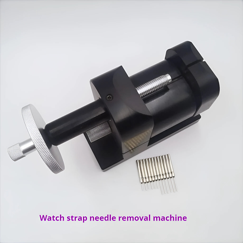 Alloy steel watch strap removal machine tool on a bench, showing compact size and components.