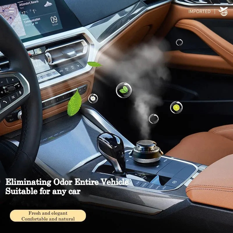 Solar-powered kinetic car air freshener with rotating double rings and wooden fragrance inserts