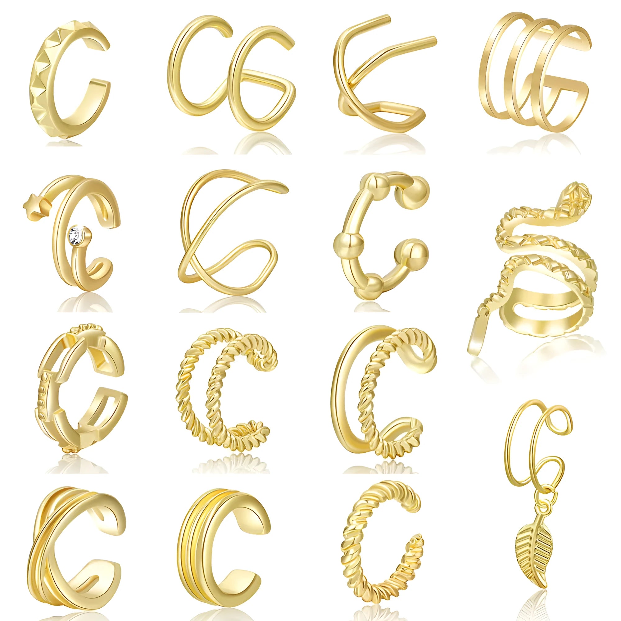 15-piece clip-on earring set for women with gold and silver geometric metal ear clips