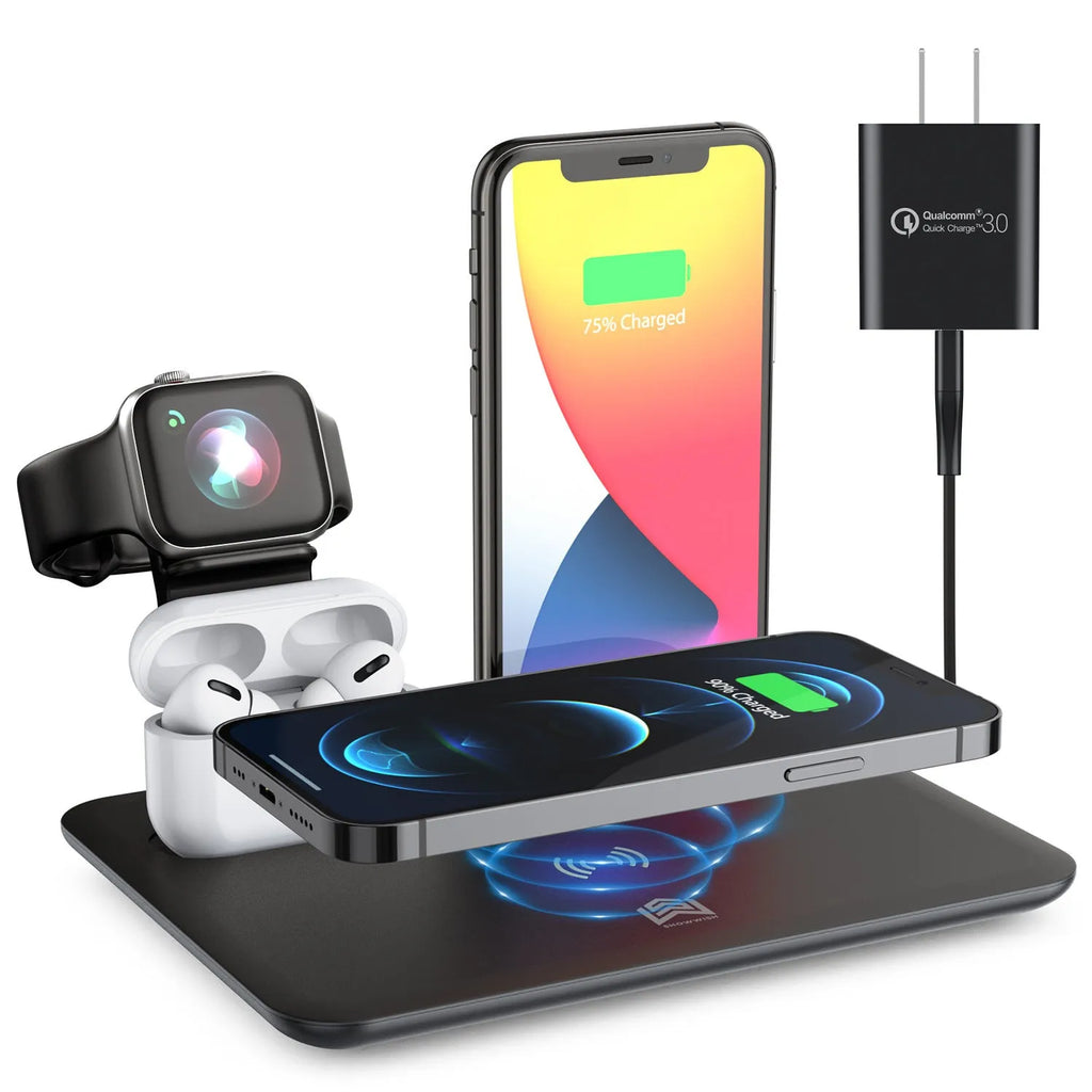 Black desktop wireless charging dock holding an iPhone, Apple Watch and AirPods case with cables connected.