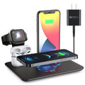 Black desktop wireless charging dock holding an iPhone, Apple Watch and AirPods case with cables connected.