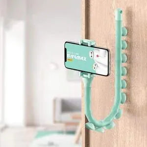 Black flexible rubber phone holder with suction cup base and long worm arm extended.