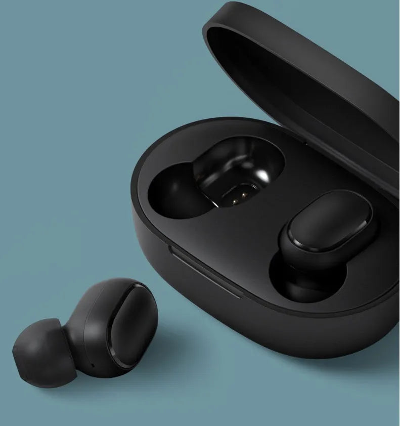 Redmi AirDots 2 Black true wireless Bluetooth earbuds and charging case on a white background.