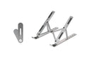 Silver folding laptop stand made from aluminium alloy and silicone for laptops, books and tablets under 16 inches