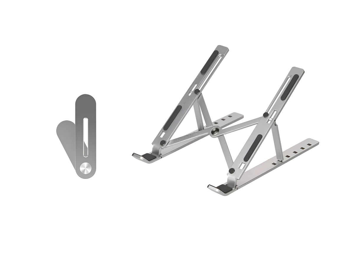 Silver folding laptop stand made from aluminium alloy and silicone for laptops, books and tablets under 16 inches