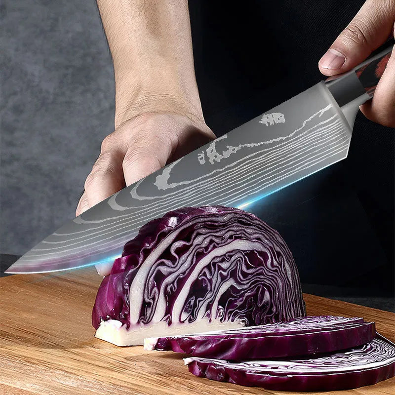 Kitchen knife set with Damascus-pattern stainless steel blades and colour steel handle.