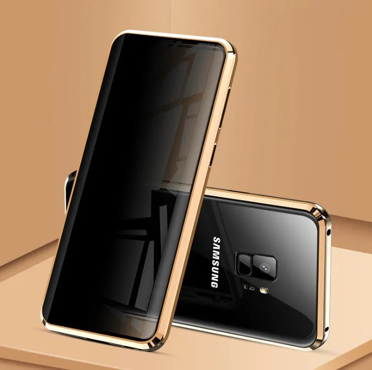 Black anti-peeping magnetic phone case for Samsung Galaxy showing clamshell design and privacy screen