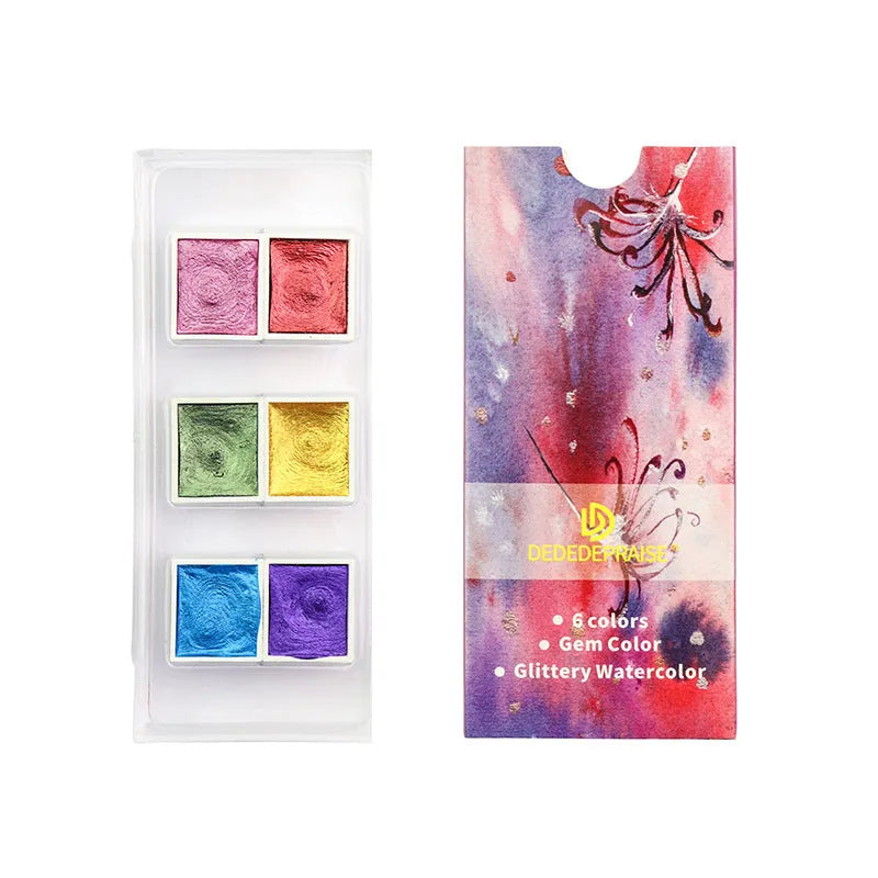 Solid watercolour pigment set showing pearlescent colour blocks in organised box