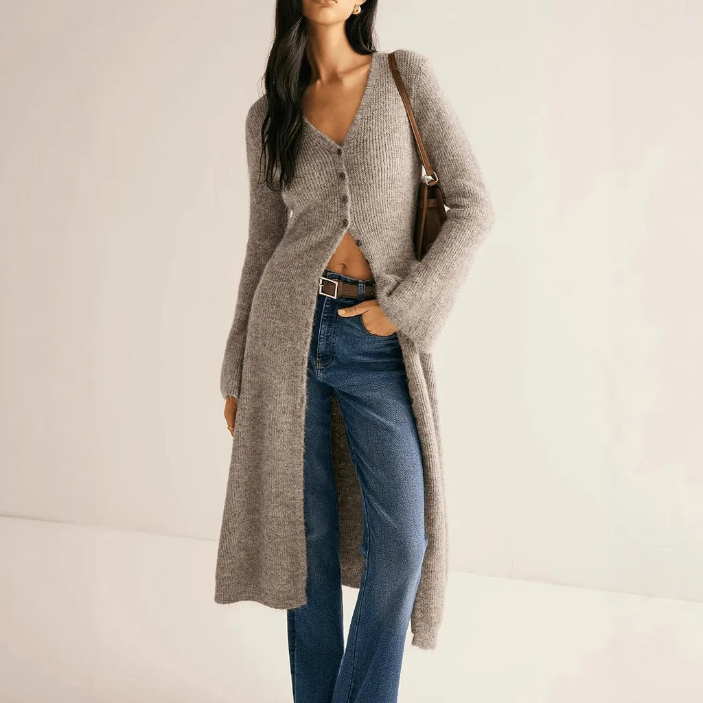 Khaki French style retro cardigan coat with long sleeves and button front closure