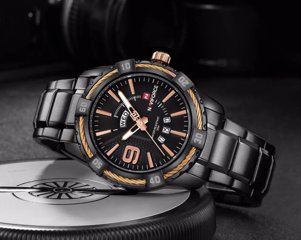 Men's waterproof quartz watch with silver alloy case, stainless steel strap, 46mm round dial and world time display.