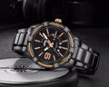 Men's waterproof quartz watch with silver alloy case, stainless steel strap, 46mm round dial and world time display.