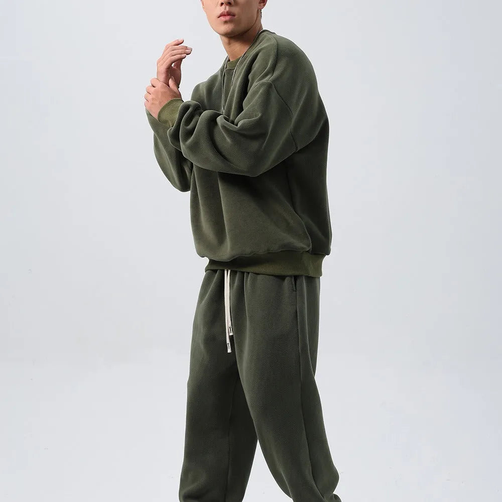 Men's polar fleece winter sports suit with crew neck coat and matching padded trousers in multiple colour options