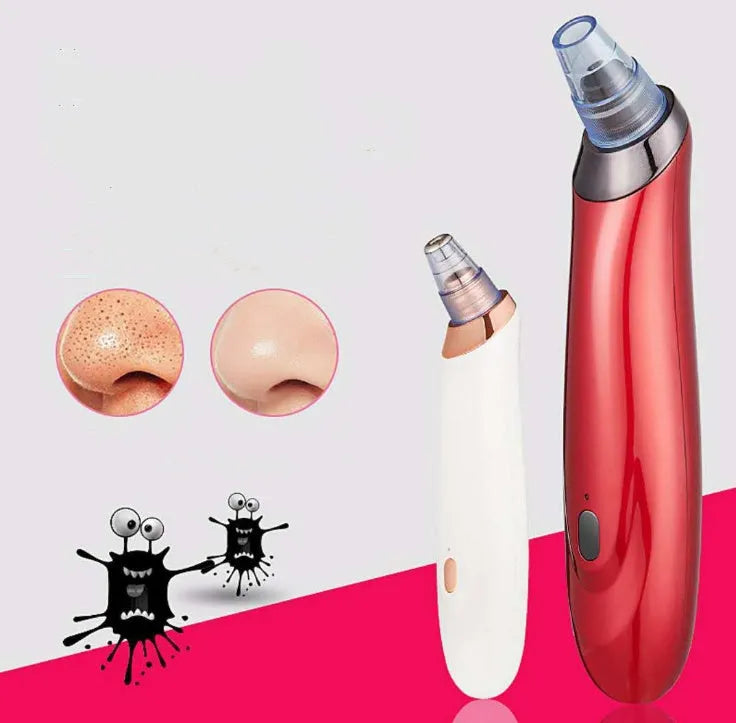 Handheld electric blackhead remover device in black with multiple nozzle attachments.