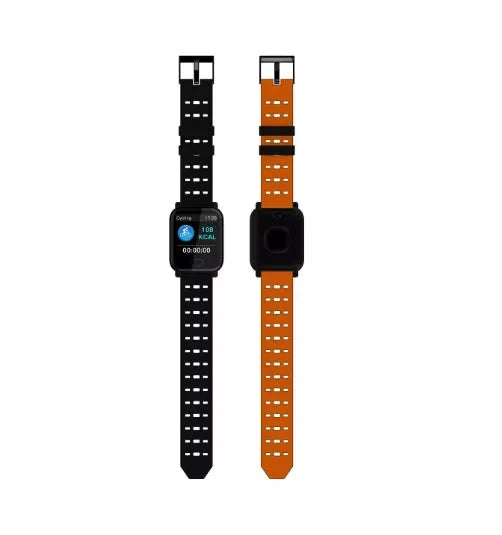 A6 smart bracelet with 1.3-inch colour screen in blue, black, or orange with silicone strap and zinc alloy construction