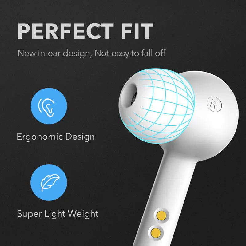 Black and white TWS wireless earbuds with Bluetooth 5.0 connectivity