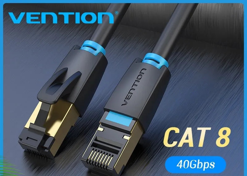 CAT8 shielded flat and round ethernet network cables with RJ45 connectors in various lengths