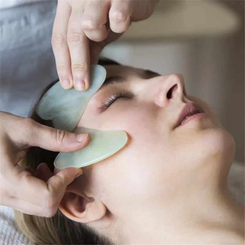 Natural jade gua sha scraping board 6.3cm by 4.5cm, about 0.4cm thick and 60g, in green and pink
