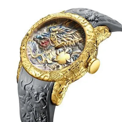 Dragon pattern mechanical watch with black rubber band, 50mm case, and gold or black colour options