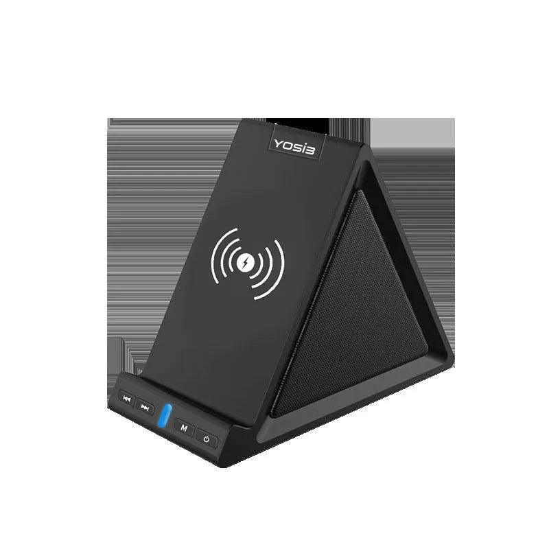 Black Bluetooth speaker with integrated phone stand featuring wireless charging and 2000mAh power bank