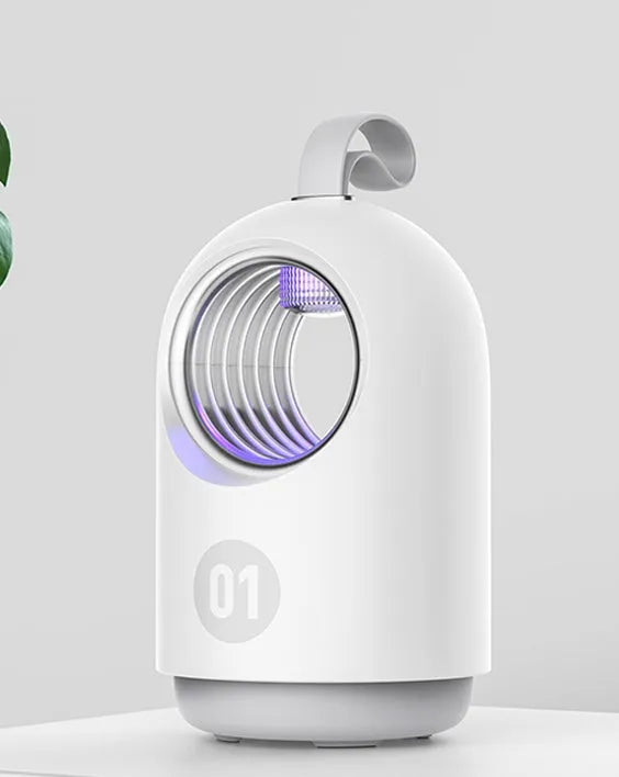 White and blue household mosquito killer lamp with UV light, silicone handle, and USB cable.