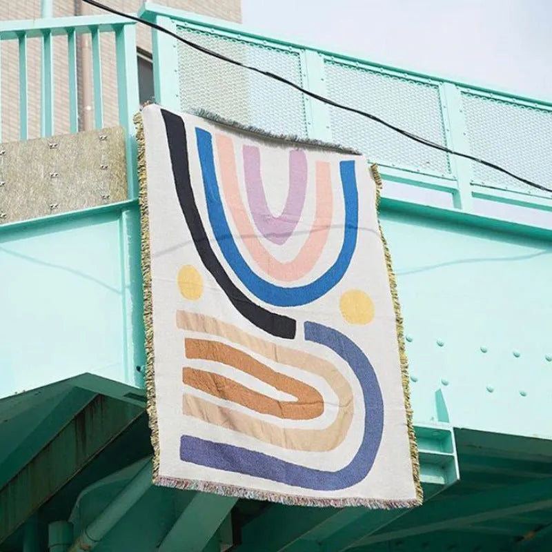 Rainbow geometric blanket tapestry in polyester cotton, available in 120x150cm and 150x210cm sizes