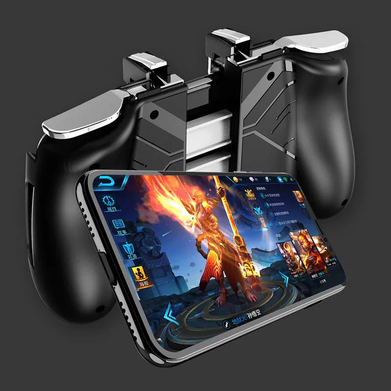 Multifunctional mobile game handle for smartphones in black, blue, or white with universal clip.