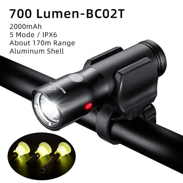 ROCKBROS black aluminium alloy bicycle headlight with 400 lumens USB rechargeable, 103x23x30mm