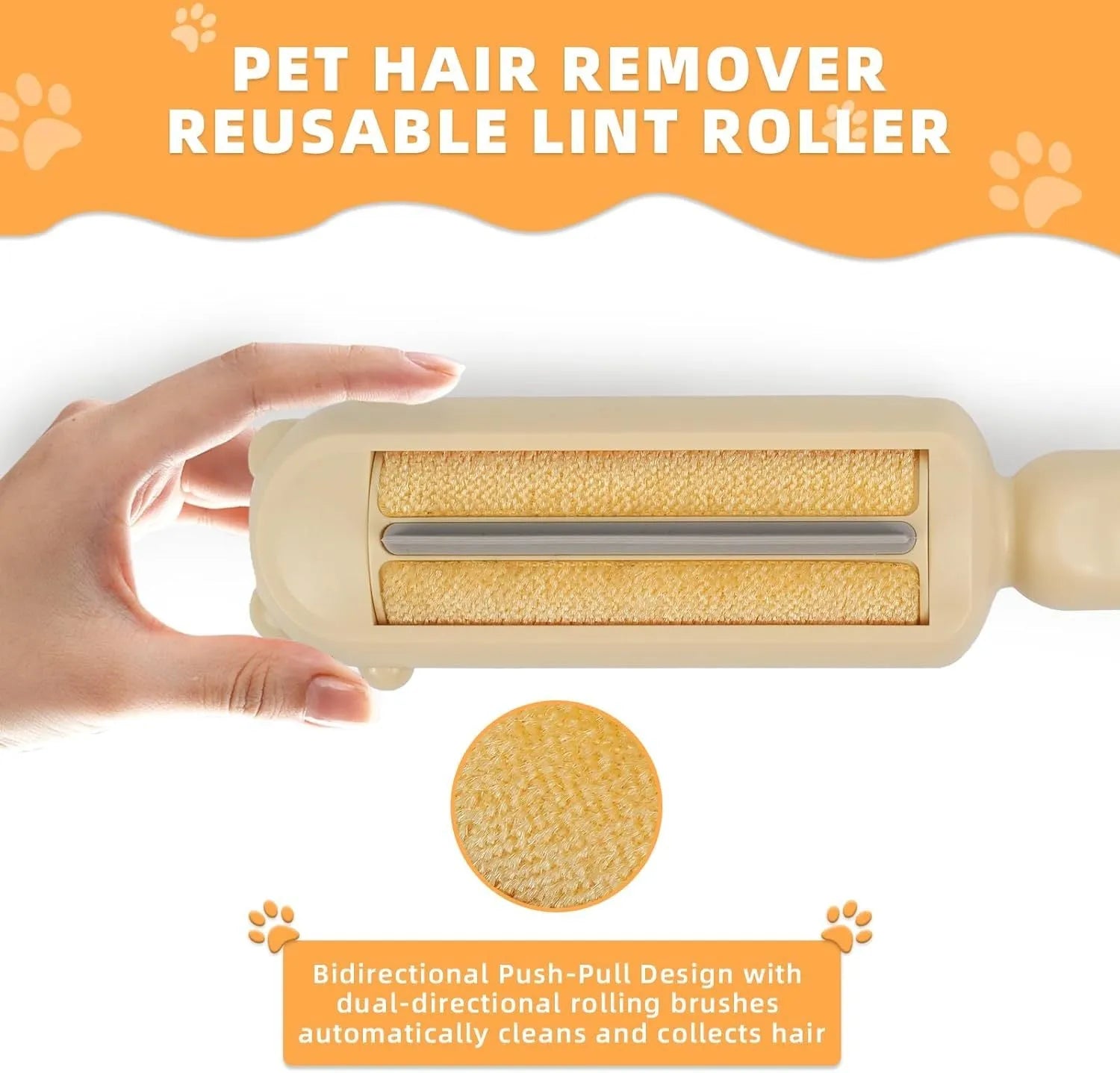 Blue pet hair remover roller with self-cleaning base for furniture and car seats.