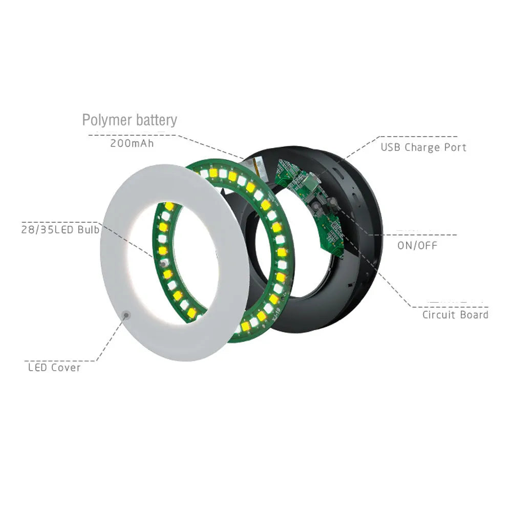 Black portable LED ring light for mobile phones with USB charging cable