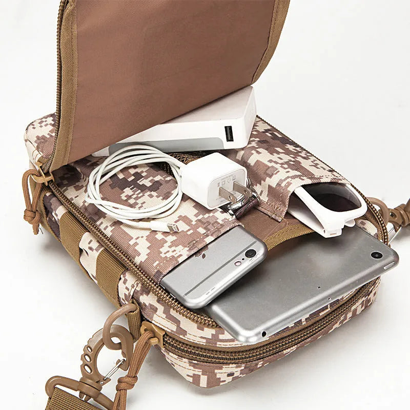 MOLLE crossbody tactical hanging bag in 800D Oxford, 25cm x 17cm x 10cm, with front sub-bags and side MOLLE panels