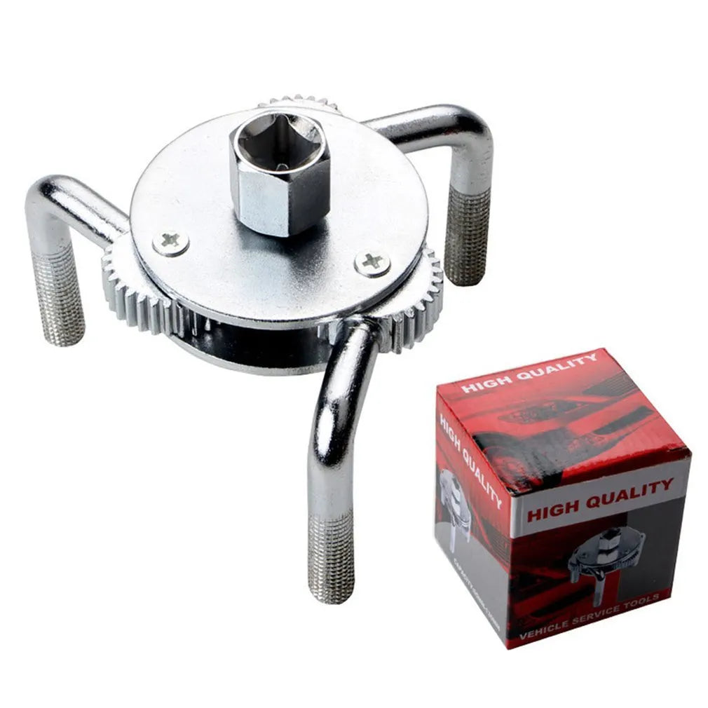 Round three-jaw oil filter wrench with frosted surface treatment and metric system listing, silver colour option