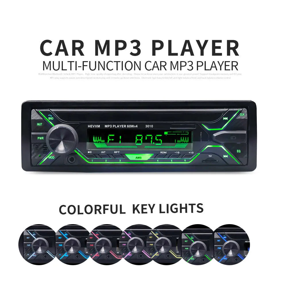 Car radio MP3 player with Bluetooth, LCD display, rotary volume knob, and multiple input ports