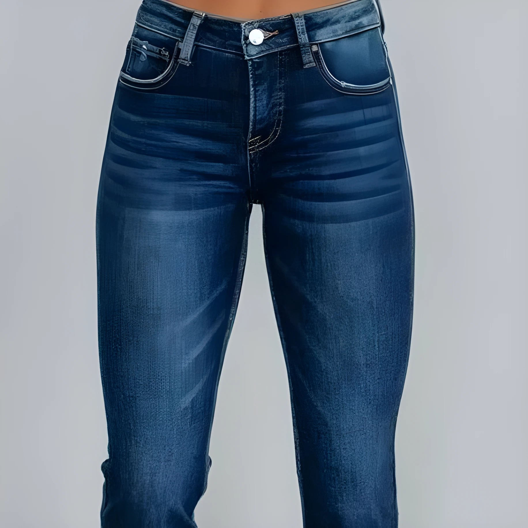 Women's solid colour denim pants with hand-worn finish in dark blue and light blue options