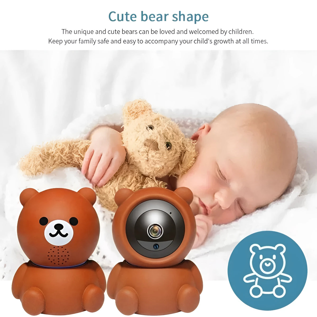 Bear brand white 1080P WiFi security camera with wide-angle lens on a stand