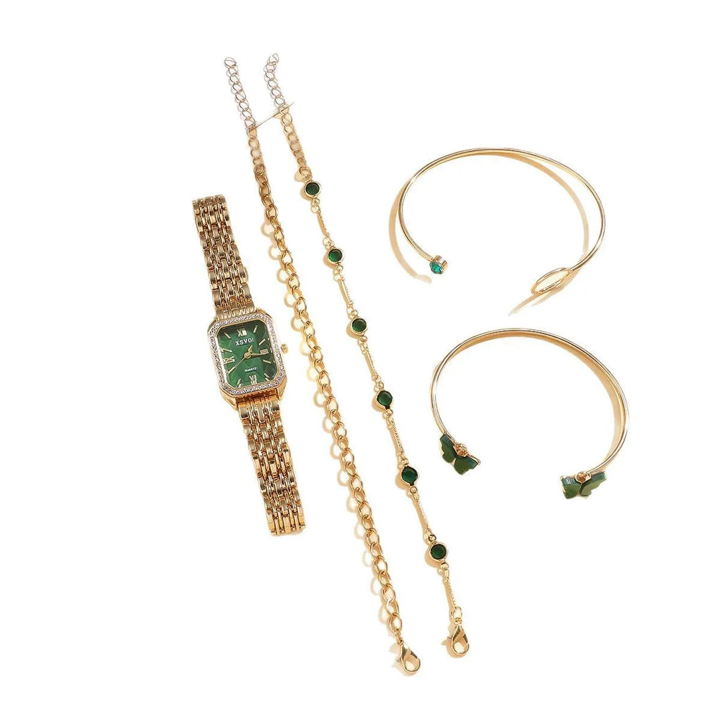 Gold green square women's watch with four matching butterfly bracelets on white background
