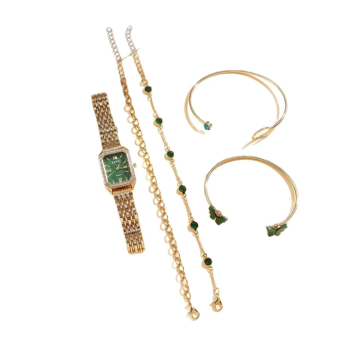 Gold green square women's watch with four matching butterfly bracelets on white background