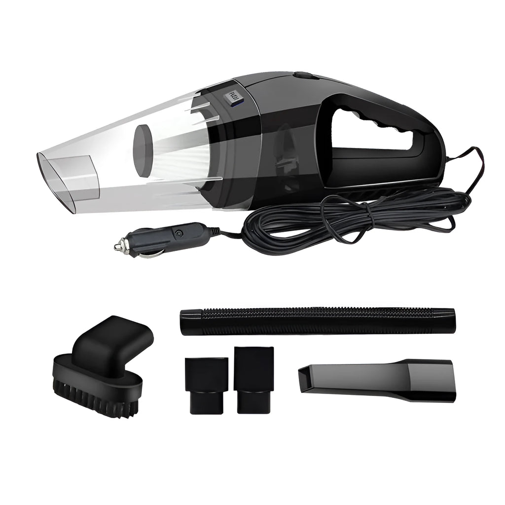 Orange 12V handheld car vacuum cleaner with nozzle and long power cord