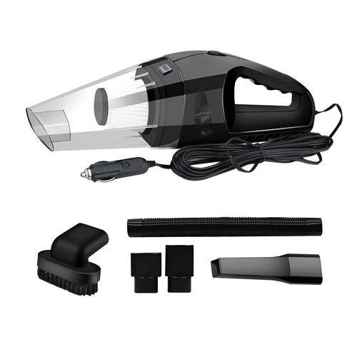 Orange 12V handheld car vacuum cleaner with nozzle and long power cord