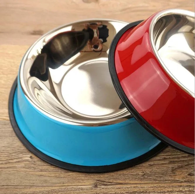 Dual-use stainless steel pet bowl with colourful melamine exterior and non-slip rubber base