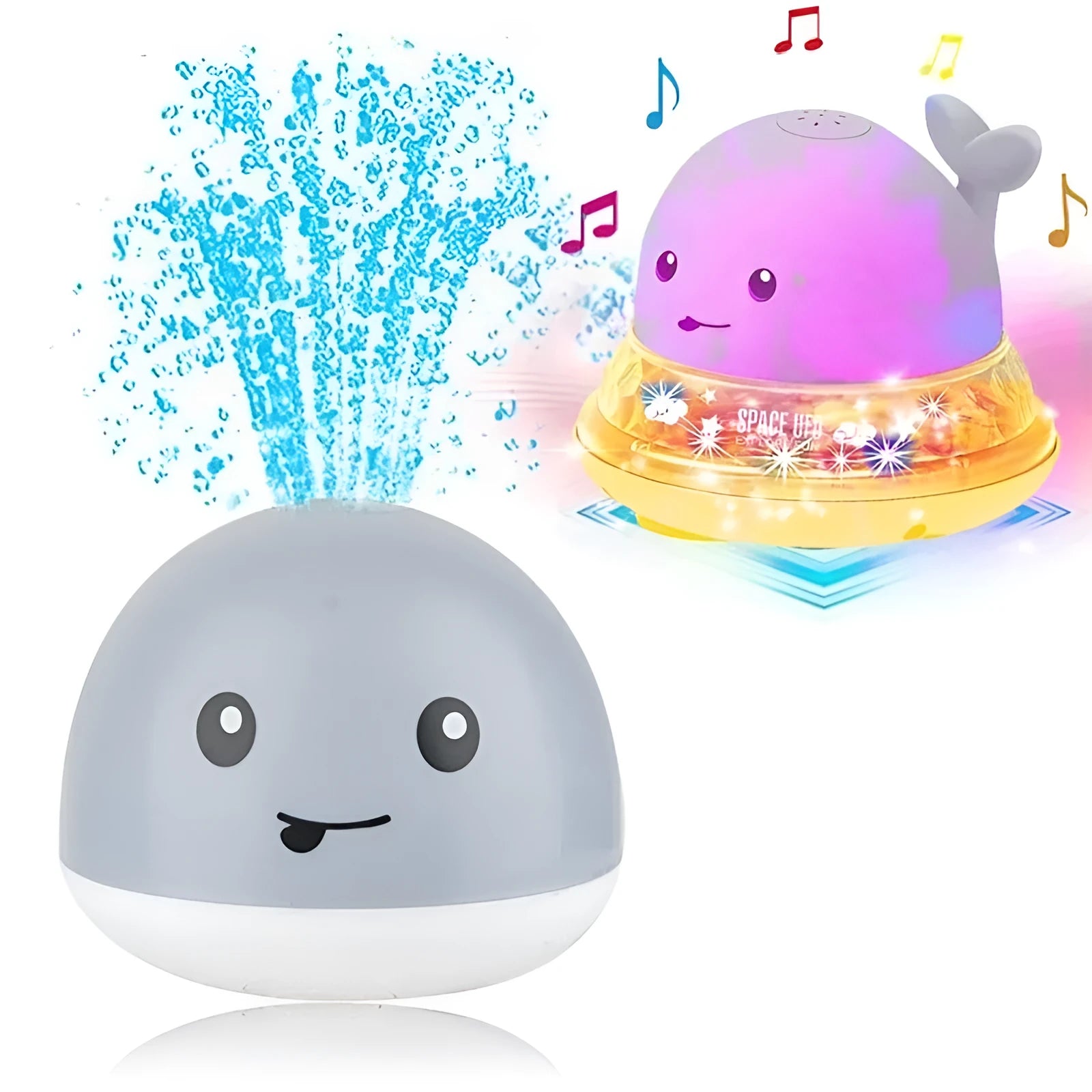 Automatic spray whale bath toy with LED lights floating in water