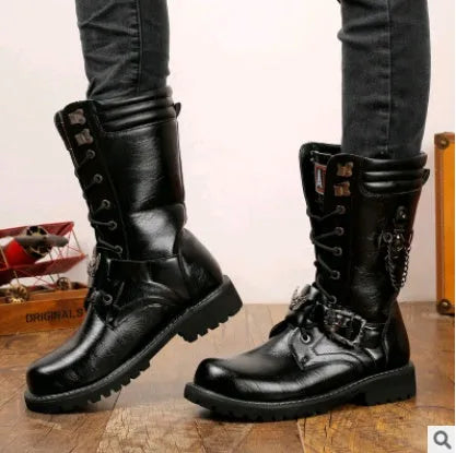 Black PU leather men's Martin boots with round toe and flat heel