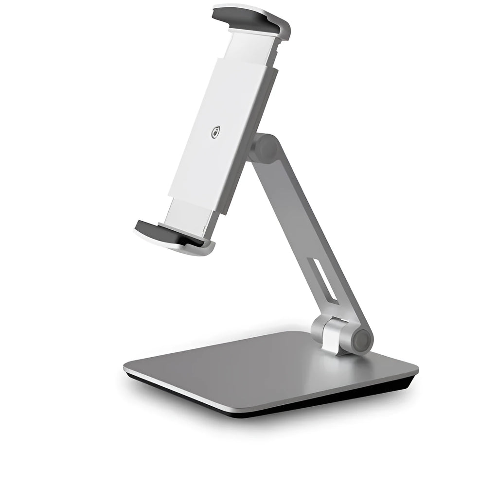 Folding aluminium phone and tablet holder with 360° rotation in black or silver
