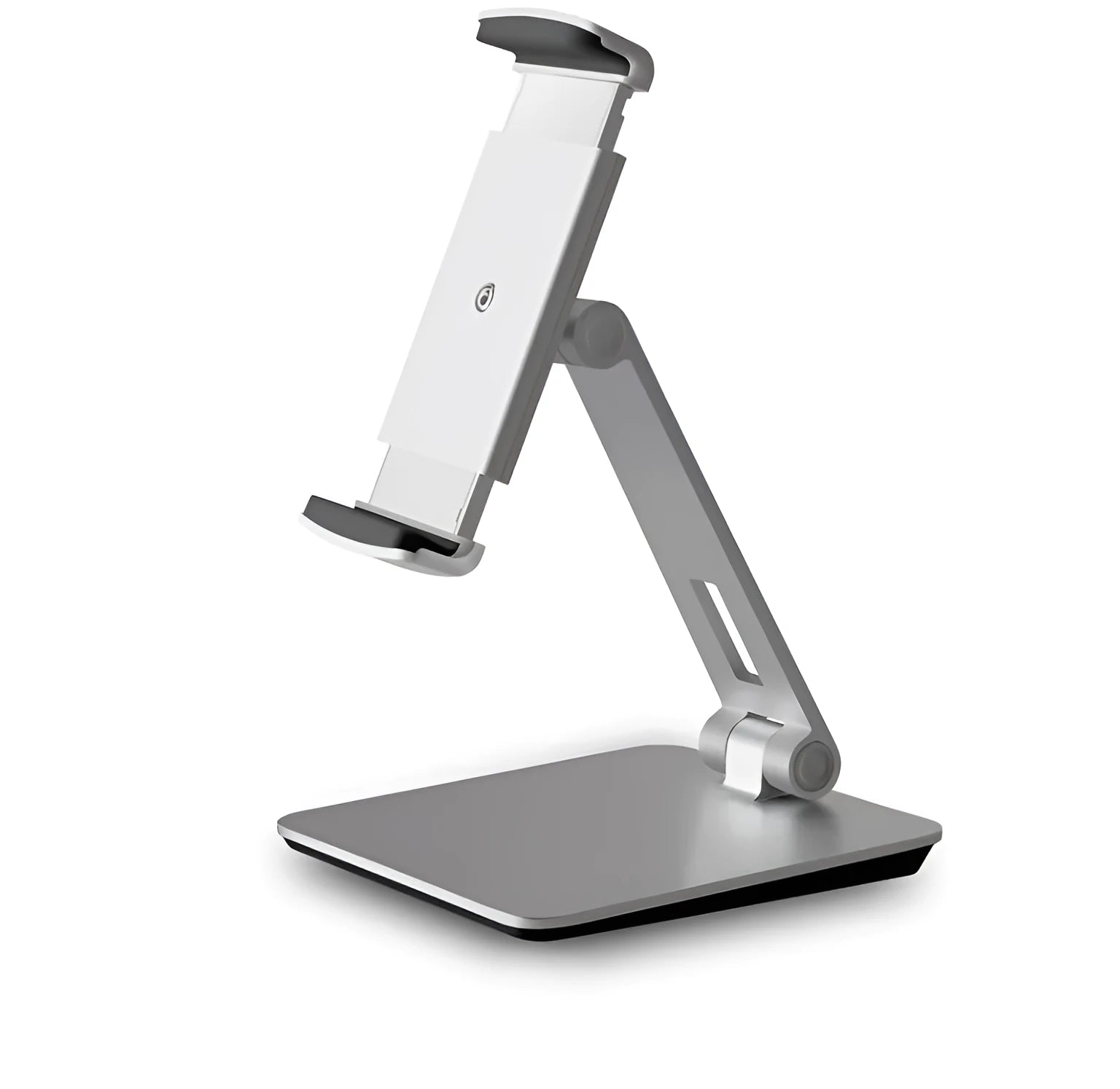 Folding aluminium phone and tablet holder with 360° rotation in black or silver