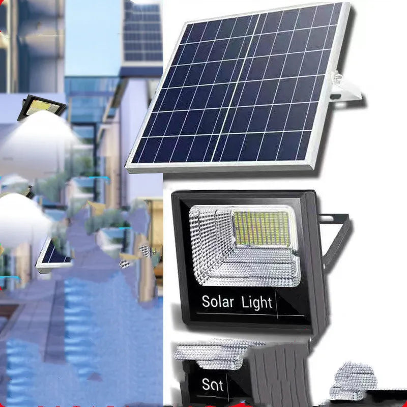 Black solar-powered LED flood light for outdoor garden and security use.