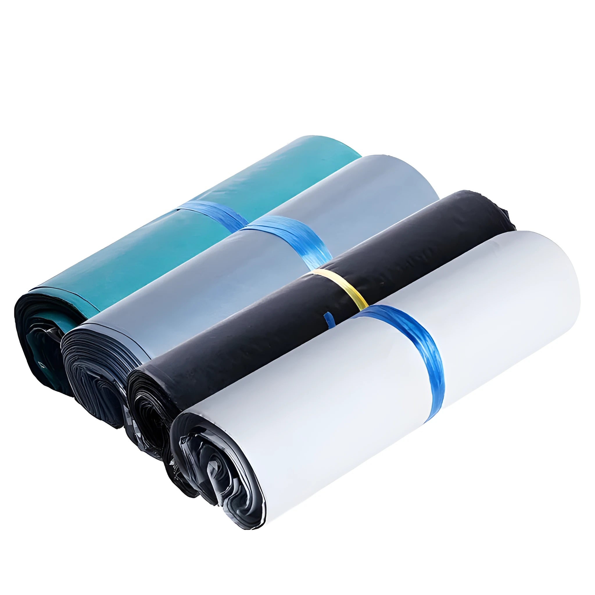 A bundle of 100 clear and coloured PE plastic courier bags with sticker seals for clothing protection.